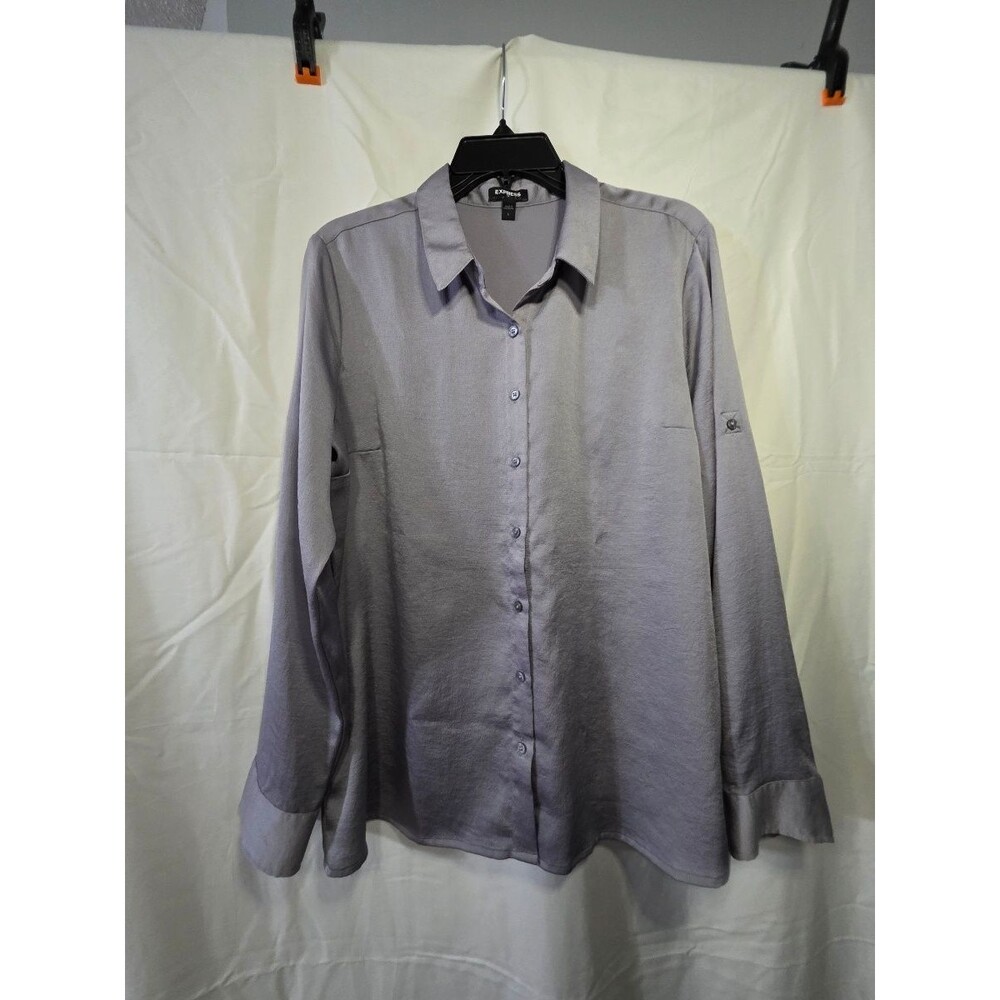 Express Women's Button Up Blouse Large Long Sleeve 100% Polyester Gray